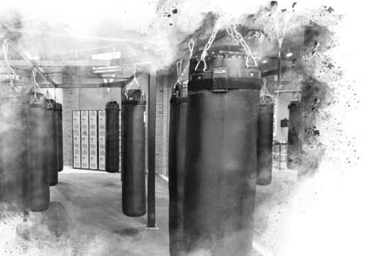 Interior of a boxing Gym, Kickboxing Studio, or Martial Arts School with Impact Wrap's connected heavy bag tracking platform integrated with Polar Heart Rate Monitors.