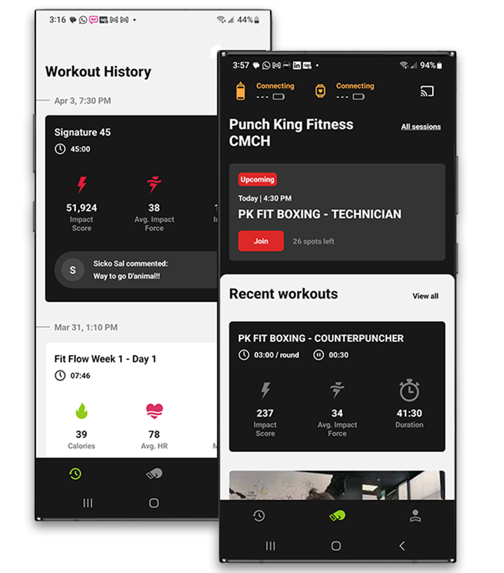 iPhone displaying the Impact Wrap app with kickboxing, boxing, or martial arts performance metrics measured on a heavy bag.
