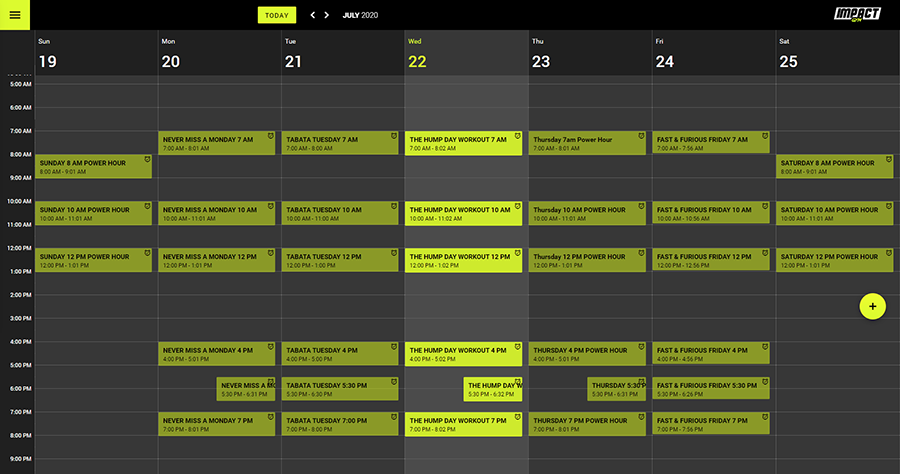 Impact Wrap admin portal for gym owers showing calendar with gym class schedule.